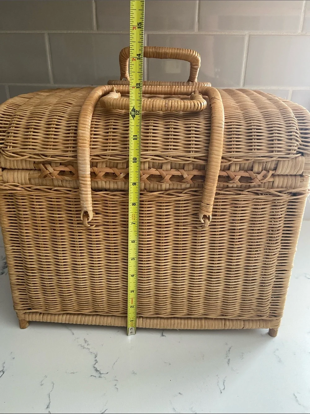 Vintage Wicker Storage Basket w Handle Boho Rattan Sewing Craft Chest
